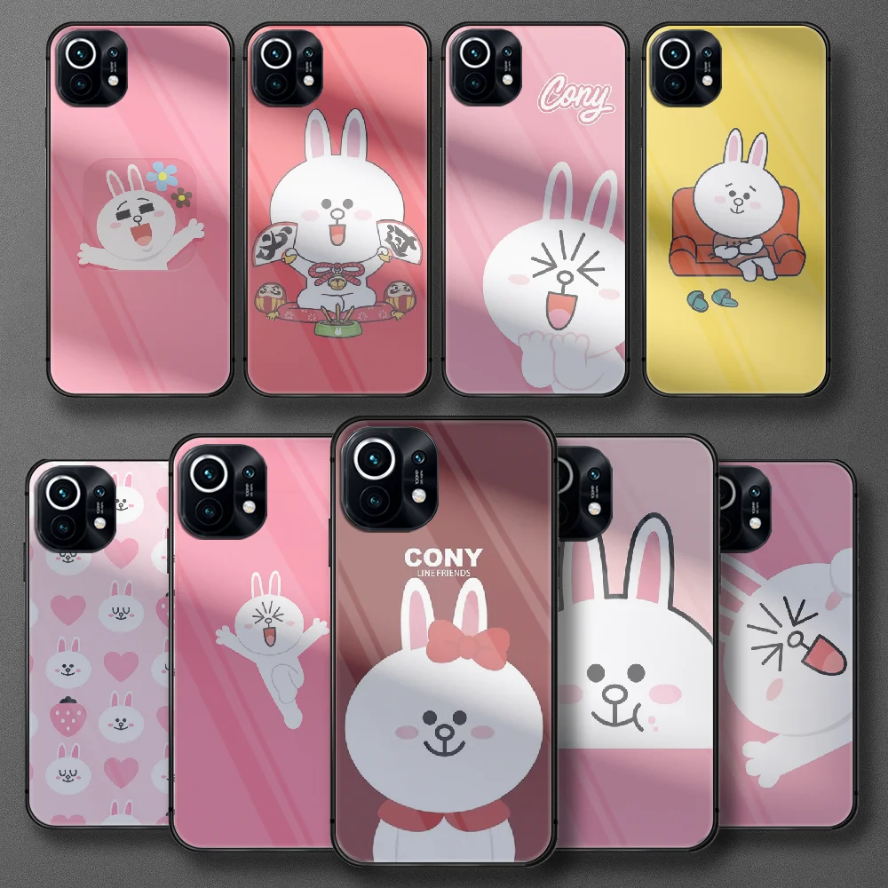 

LINE FRIENDS Cartoon image rabbit Tempered Glass Phone Case For Xiaomi Mi 9 10 11 T Poco X F M 2 3 Mix4 Pro Lite Ultra Nfc Cover