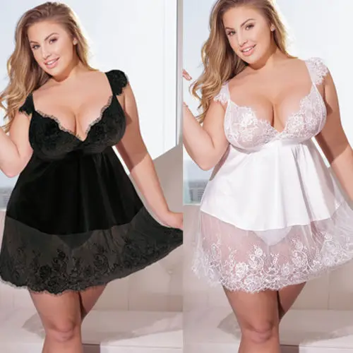 

New 2020 Womens Night Dress Plus Size 3XL-5XL Lace Bow Lingerie Babydoll G-String Thong Underwear Nightwear Sleepskirt Plus Size