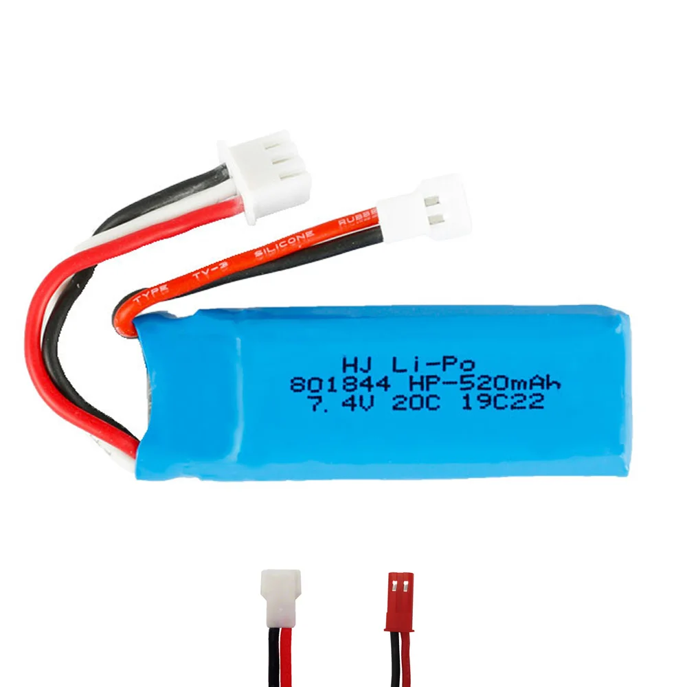 Литий-полимерный аккумулятор XH2.54/JST, 7,4 В, 520 мА · ч, 801844, для игрушек XKA600, WLtoys, K969, K989, K999, P929, P939, A202, A212, A222, A232, A242, A252, радиоуправляемых автомобилей