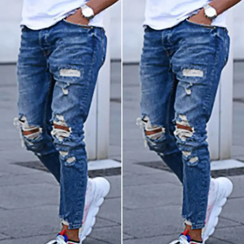 Мужские узкие эластичные рваные джинсы повседневные джинсовые длинные брюки низ