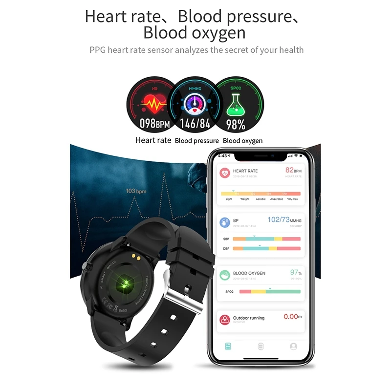 

MX6 Smart Watch Mens Women 1.3 Inch Press Heart Rate Monitor Weather IP68 Sports Watch for IOS Android