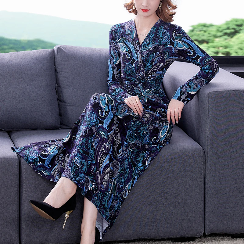 

Autumn Winter Long Sleeve Elegant Maxi Dress Women Boho Blue Floral Midi Dress 2022 New Korean Vintage Casual Bodycon Vestidos