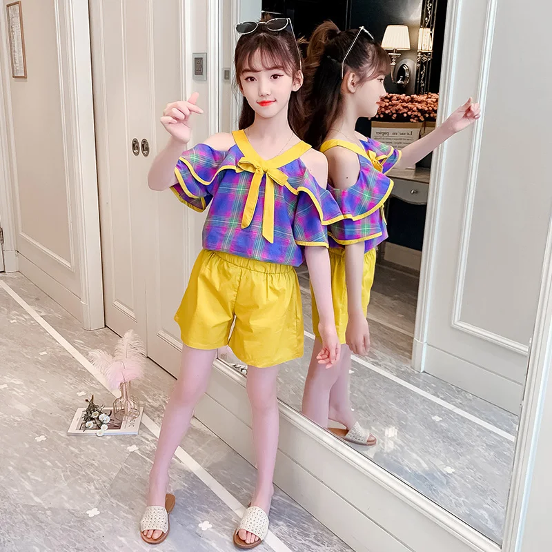

Fashion V-Neck Short Sleeve Girls Summer Sets for 3-13 Years New Butterfly Sleeve Plaid Bow Kids Clothes for Girl Two Pieces
