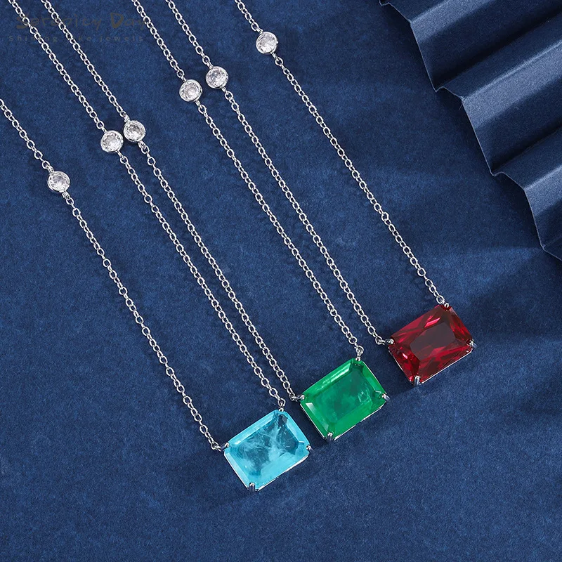 

Serenity Day Silver Plated 12*16MM Zircon Gemstone Paraiba Ruby Emerald Pendant Necklace for Women Party Jewelry Wholesale