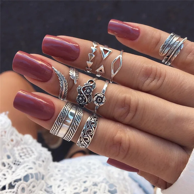 

Vintage Arrow Leaf Flower Carved Knuckle Rings Set For Women Bohemia Hollow Geometric Rings Anillos Mujer