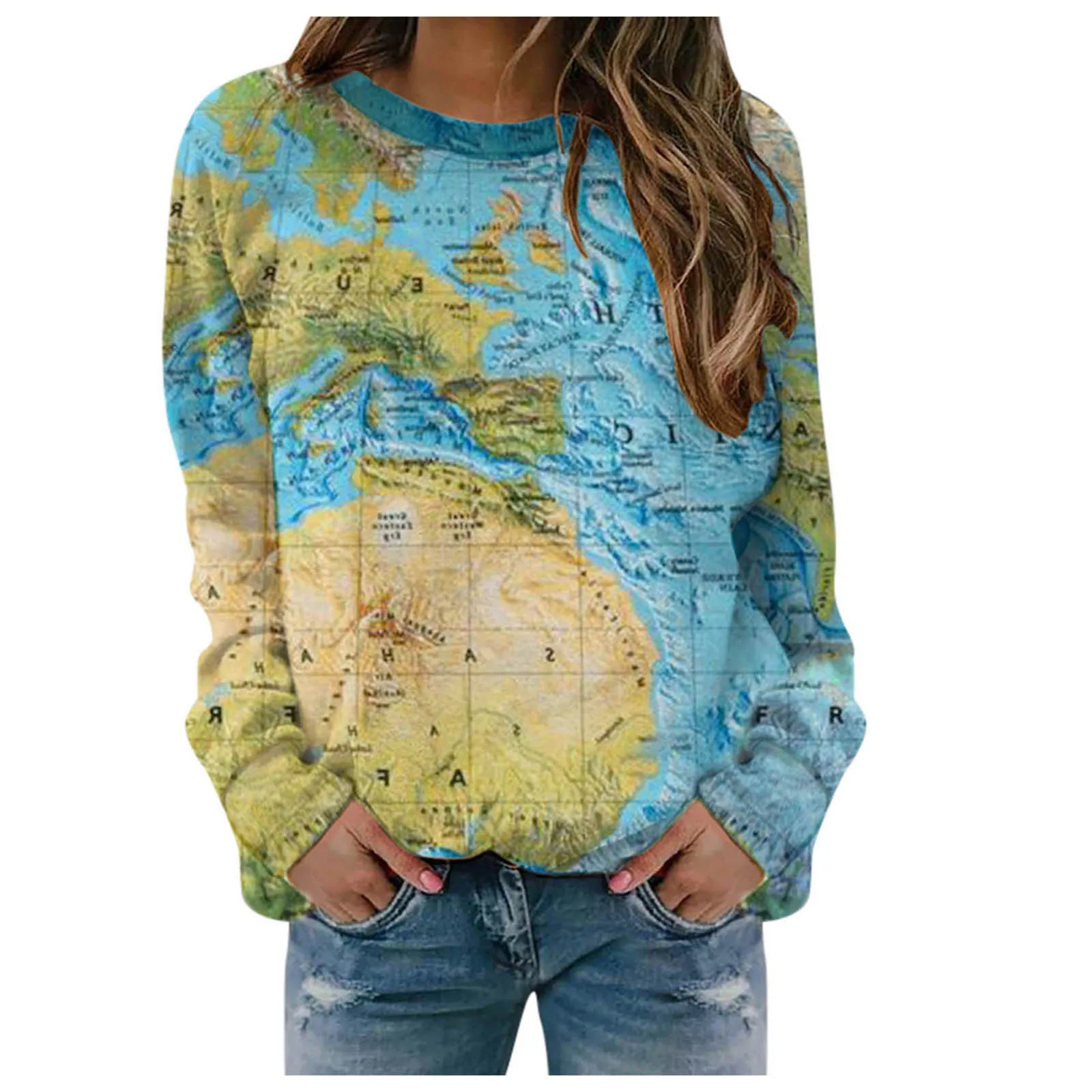 Женские толстовки с принтом карты мира винтажный свитшот круглым вырезом и