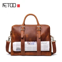 aetoo mens crazy horse skin handbag leather high capacity computer bag cowhide shoulder to shoulder cross briefcase
