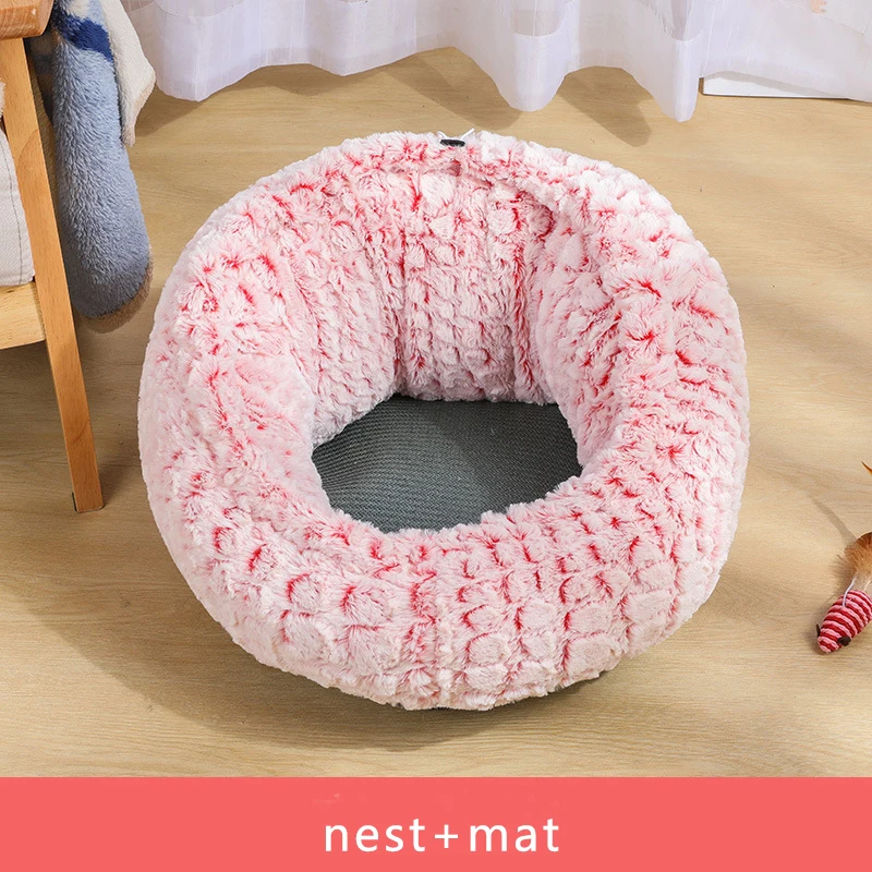pink nest mat Регулируемая мягкая длинная плюшевая кровать для кошек, круглая кровать для собак, для маленьких собак, кошек, гнездо, зимняя теплая спальная кровать, коврик для щенка - Цвет: pink nest mat