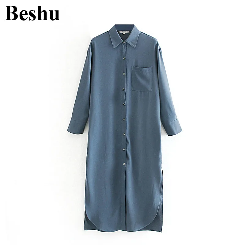 Модное платье ZA 2019 однотонное однобортное свободное рубашка с карманами