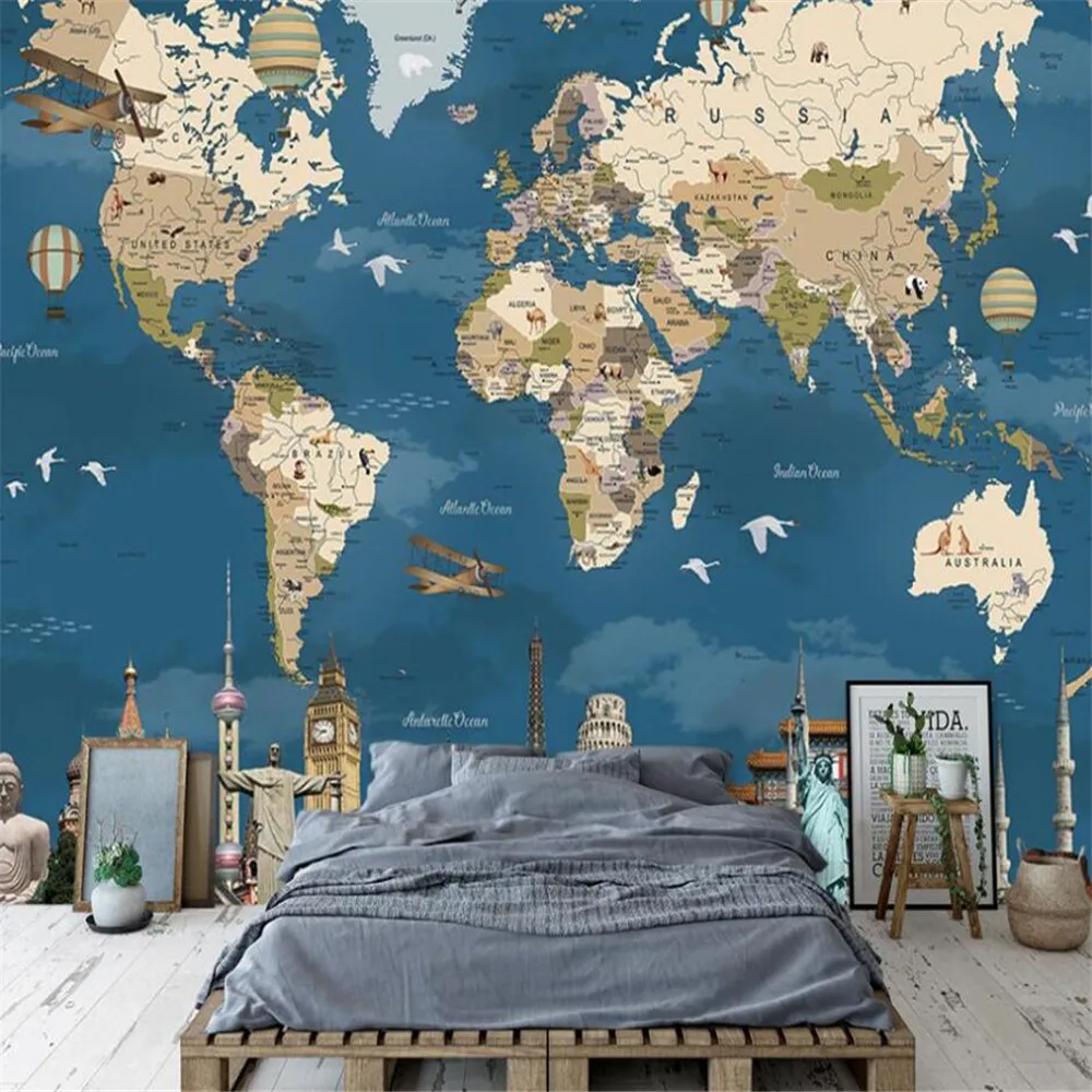 

Milofi customized large wallpaper mural retro nostalgic world map living room green TV background wall