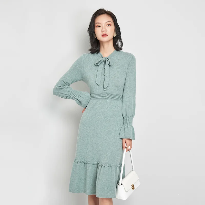 

Jinju, осенне-зимнее шерстяное женское платье-свитер с оборками и кружевом, с бантом и воротником, женские теплые пуловеры с узким рукавом, луч...