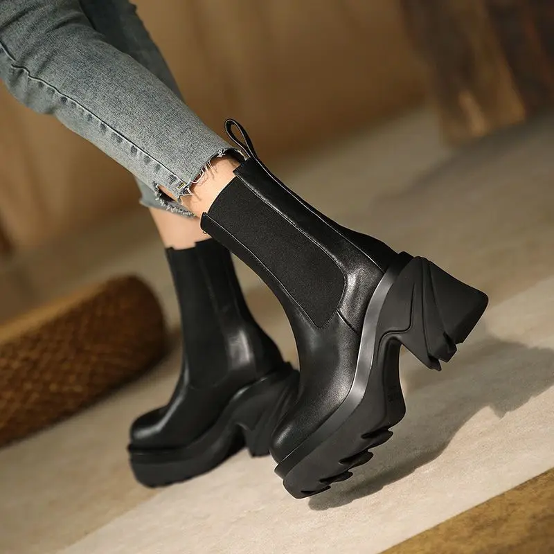 

2021Hot Square High-heel Women's Boots Female Thick Bottom Round Toe Mid-calf Boots Casual Ladies Soft Leather Mixed Color Boots
