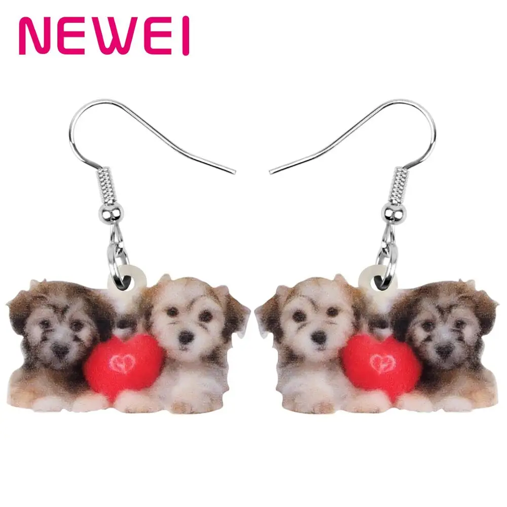

NEWEI Acrylic Valentine's Day Love Heart Double Dog Earrings Drop Dangle Jewelry For Women Girls Teens Festival Party Charm Gift