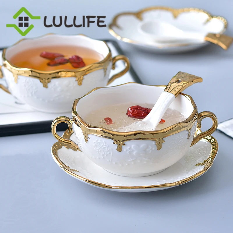 250 мл Золотая инкрустация кофейная чашка блюдце ложка набор роскошная фарфоровая