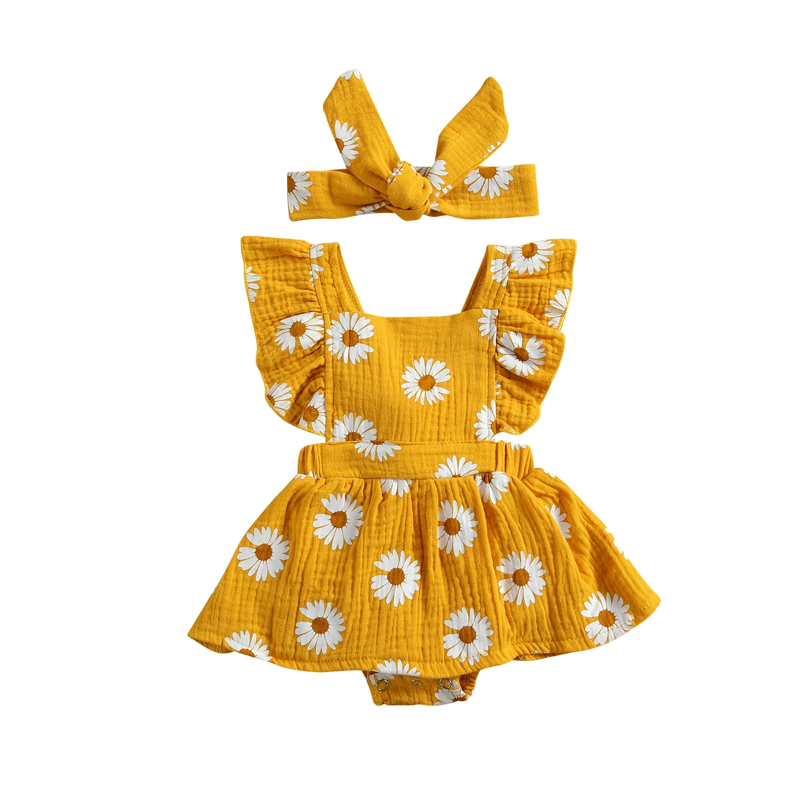 

Newborn Baby Girls Daisy Flower Rompers Skirts with Headband, One Piece Bodysuits Clothes and Headdress Outfits
