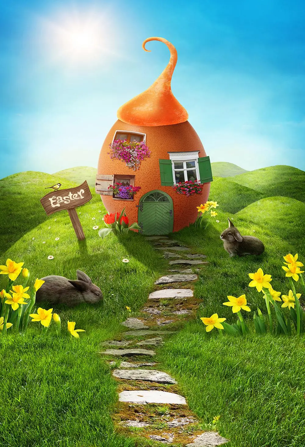Фон для фотосъемки Пасхальный день яйцо дом Кролик цветок Весенняя сцена детский