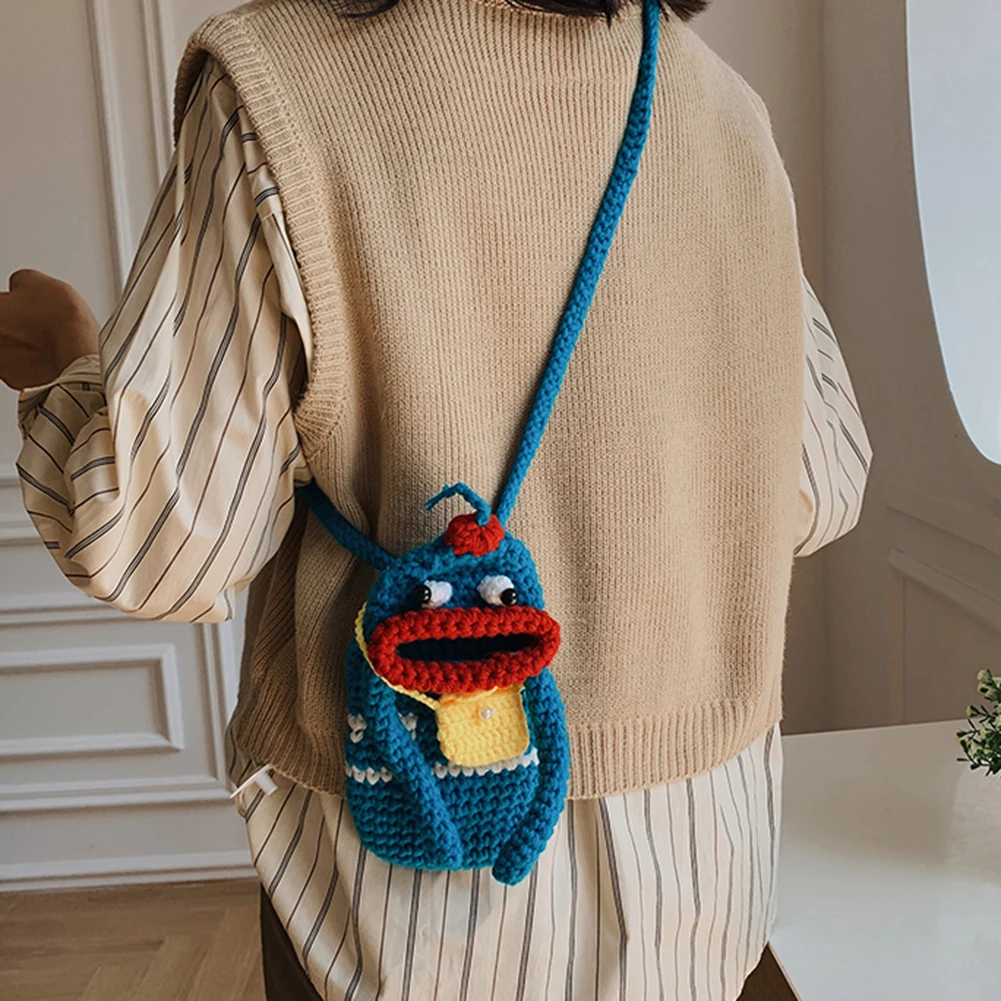 

Cute Hand-woven Crossbody Bag Girls Phone Bag Cartoon Sausage Mouth Tote Purse Female DIY Knit Mini Hand Bags Casual Coin Purse