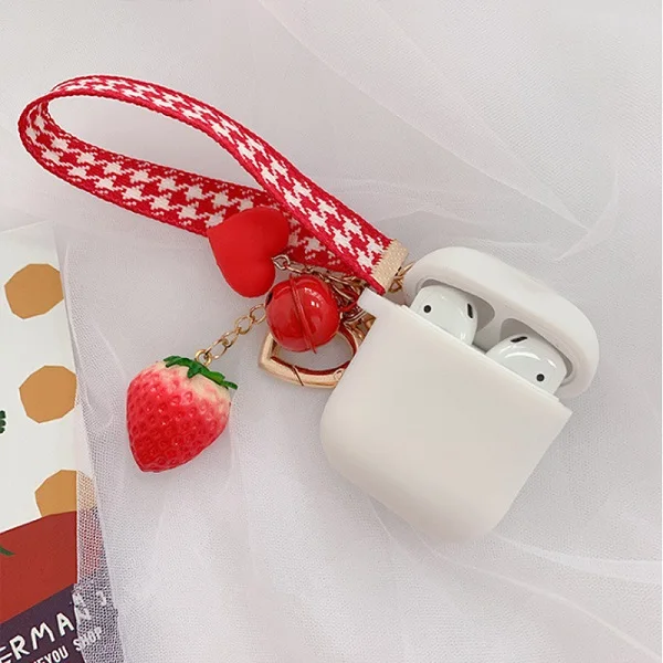 Белый Милый мультяшный защитный чехол для AirPods с клубничной пряжкой, ремешок на запястье, Bluetooth, беспроводные наушники, силиконовая коробка для зарядного устройства - Цвет: Белый