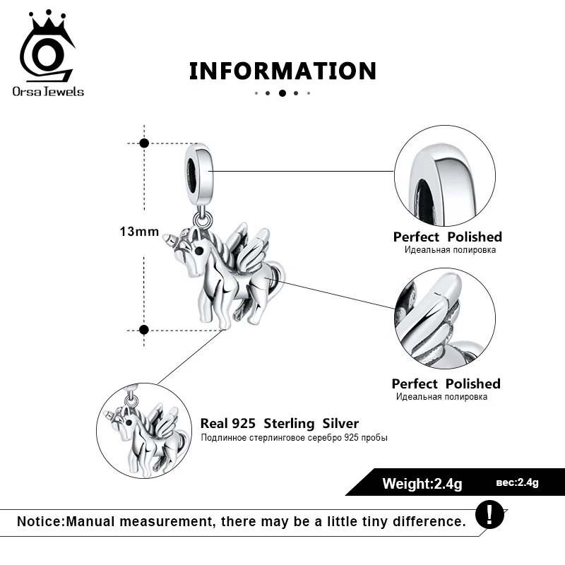 

ORSA JEWELS Real 925 Sterling silver 13mm Unicorn Charm Beads Fit Original Charms Bracelet & Necklace Pendant Women Jewelry CB05