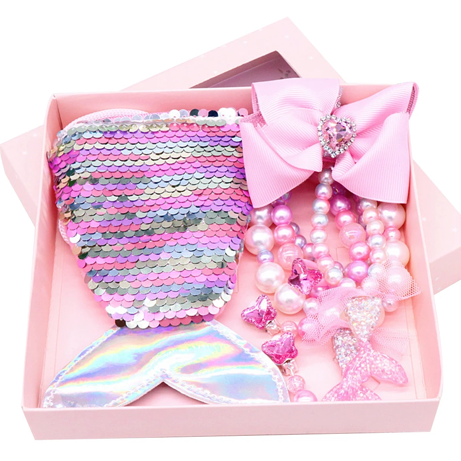 

Girl Mermiad Purse Necklace Earring Kids Baby Sequins Bags Headwear Clips Heart Shape Elas Sleeping Beauty Unicorn