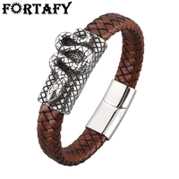 fortafy men leather braided bracelet snake design stainless steel magnetic buckle fashion jewelry punk male wristband fr1030