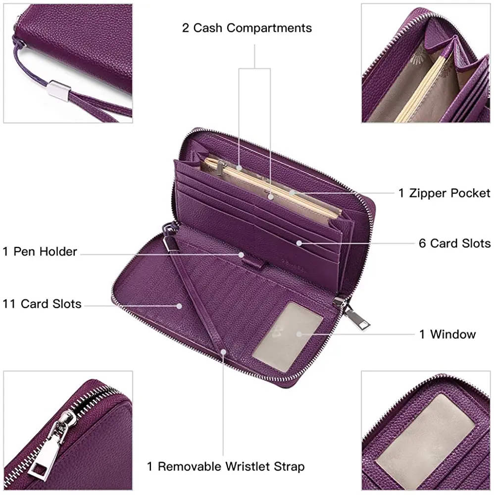 Fashion Women Wallets Genuine Leather Long Zipper Purse Large Capacity Card Holder Phone Wallet