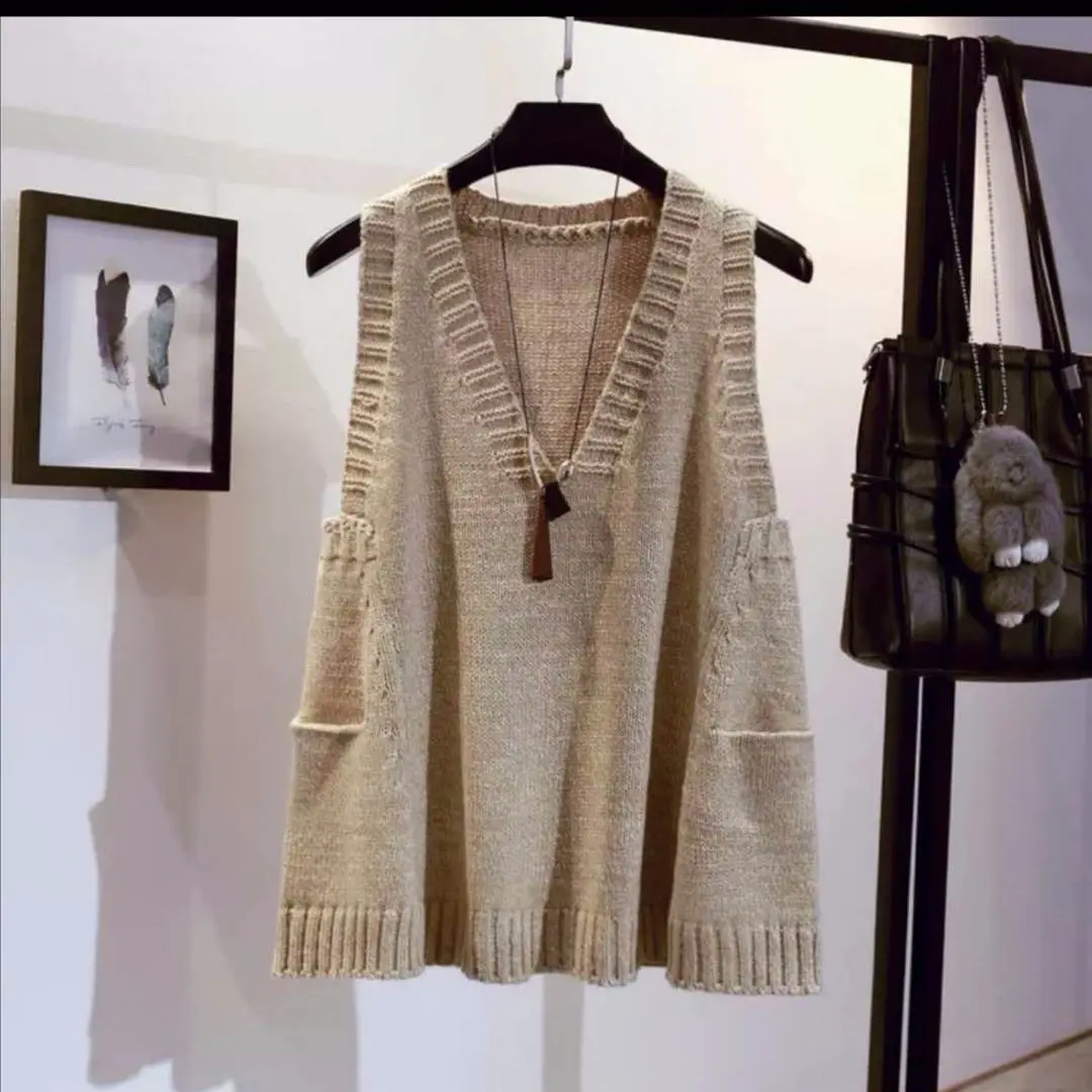 

A-Line Loose Sweater Women's Solid Color Vest Pocket Pullover Plus Size Spring And Autumn V-Neck Vest Sleeveless Sweater Jacket