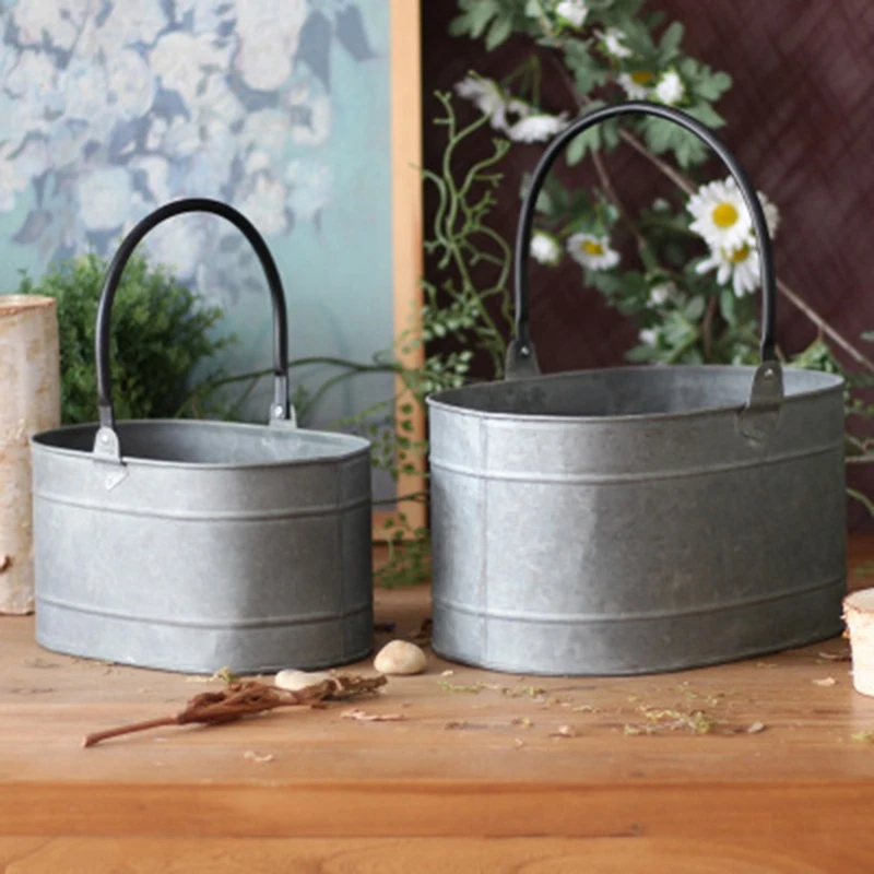 

2-Piece Set of Portable Tin Bucket Iron Flower Pots Garden Garden Florist Decoration Ornaments
