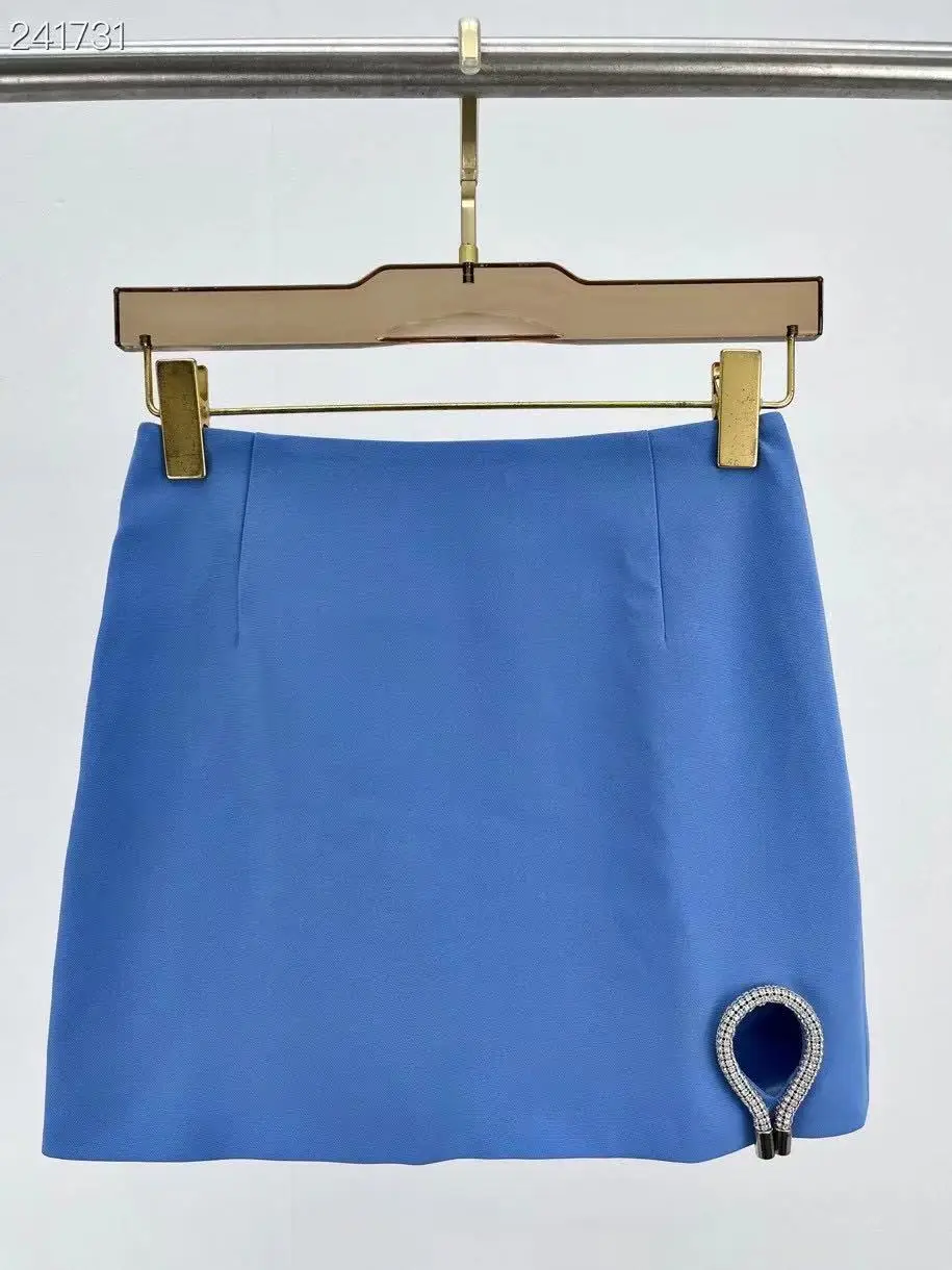 

2021 Runway Designer Autumn Fashion Mini Skirt Women High Waist Vintage Diamonds Hollow Out Elegant Blue Skirts