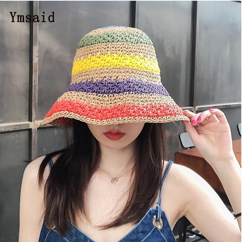 

100%Raffia Rainbow Girl Sun Hat Wide Brim Foldable Summer Hats For Women Beach Panama Straw Dome Bucket Hat Femme Shade Hat