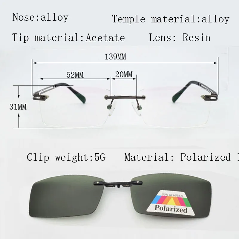 Безрамные мужские очки с магнитным зажимом пленка для близорукости золотые