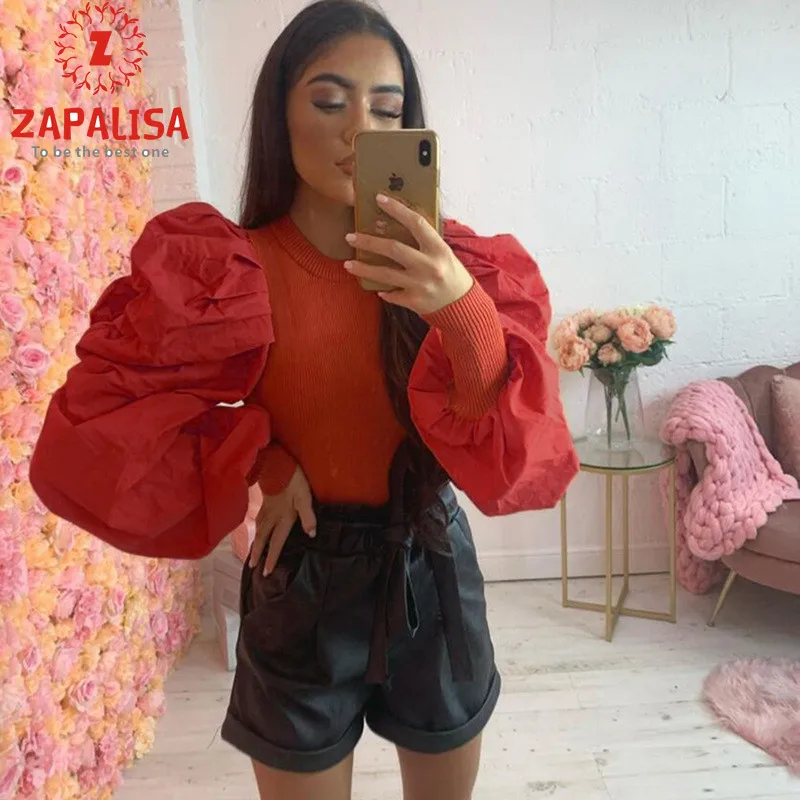 Elegant Slim Vintage Puff Sleeve T-shirt O Neck Solid Color Patchwork Streetwear Women Long Tops Fashion Knitted Tshirt Женская одежда