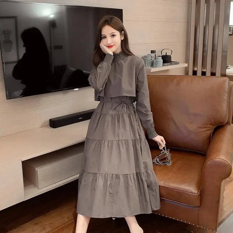 

2021Autumn Winter Big Swing Dress New Literary French Waist Retro Temperament Dress Simple Casual Women Long Skirt Free Shipping