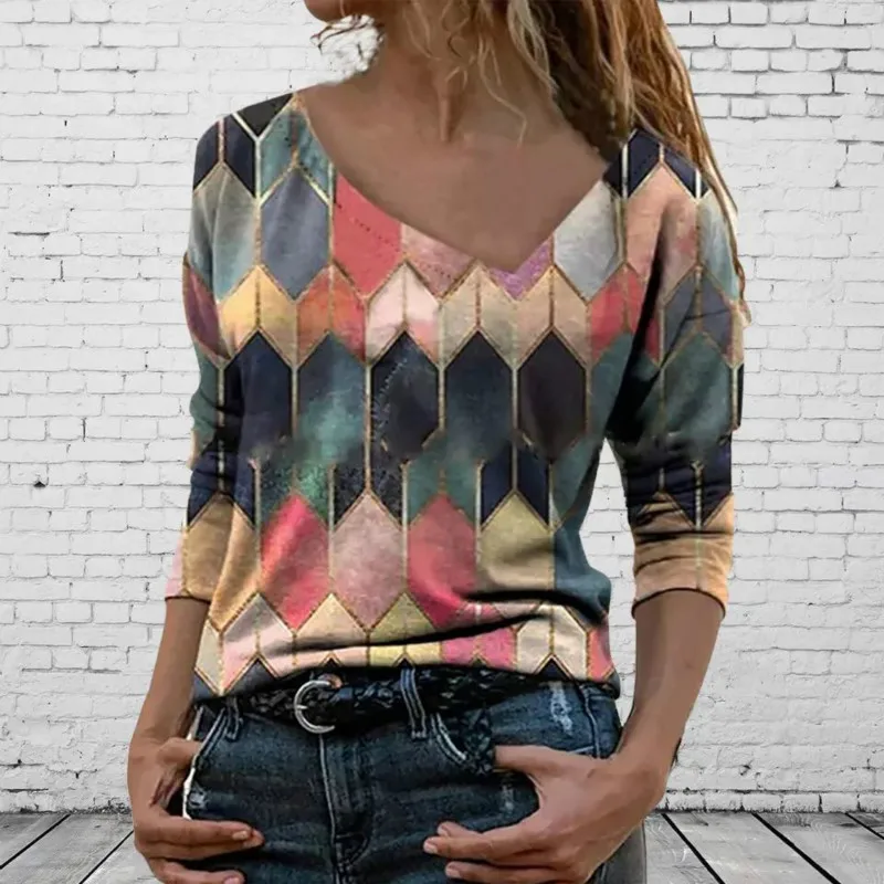 

Spring T-Shirt Women's Tops Fashion Long Sleeves Ladies Clothing Asymmetrical Casual Soft Cozy Print Plaid Women Tops