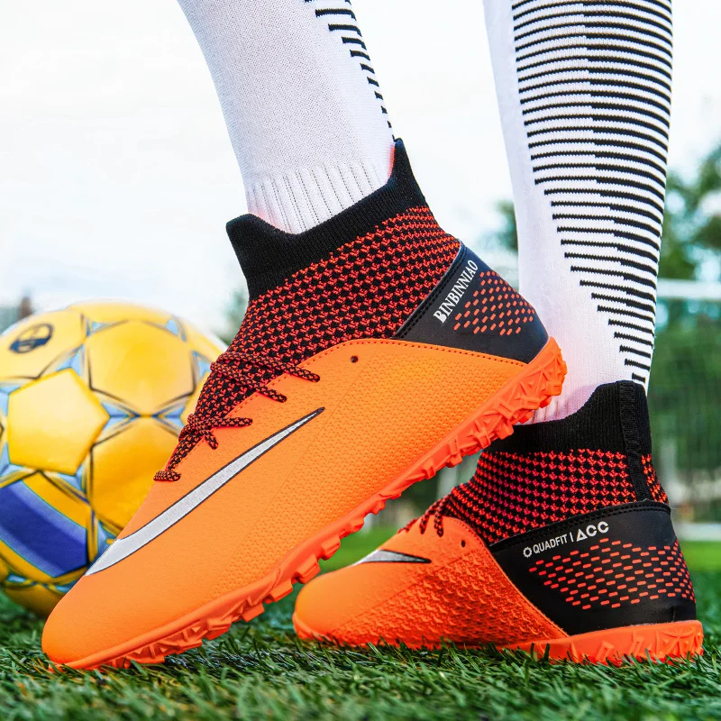 Orange Professional Football Boots Men Soccer Shoes Anti-slip Sneakers Men Outdoor Sport Socks Soccer Cleats Man botas de futbol