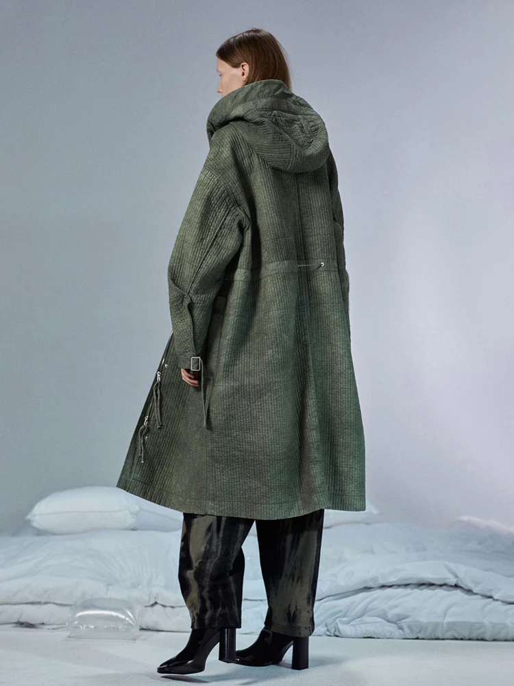 Design New Original Autumn Winter Women Casual Oversized Striped Long Green Cotton Padded Warm Hooded Parkas Jacket | Женская одежда