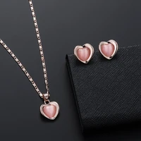 2022 dropship opal heart necklace earrings jewelry set pink stones pendants neck chains accessories for women mothers day gift