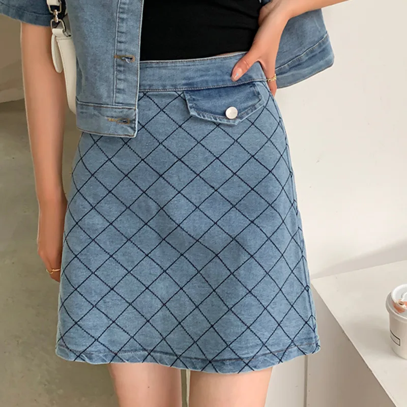

Two Piece Set Crop Top Rhomboid Denim Short Sleeve Jacket + High Waist A-line Small Skirt Suits Ensembles Femme 2021 2pc Sets