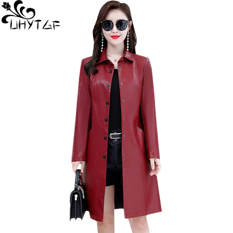 UHYTGF 5XL Big size leather jacket women korean slim long coat Single-breasted casual autumn leather jacket leren jas dames 928