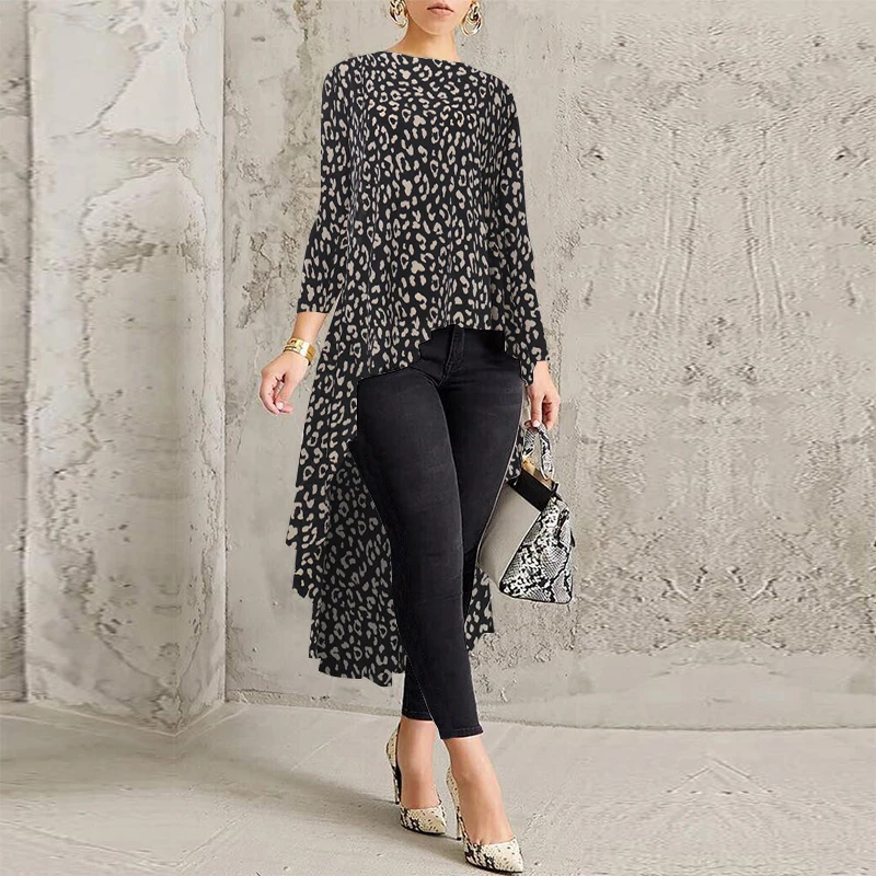 D Brown Leopard Асимметричное Платье-туника Топ Для женщин Блузка Весна сорочка ZANZEA плиссированная рубашка с длинными рукавами Женский «ласточкиным хвостом» Блузы больших размеров - Цвет: D Brown Leopard