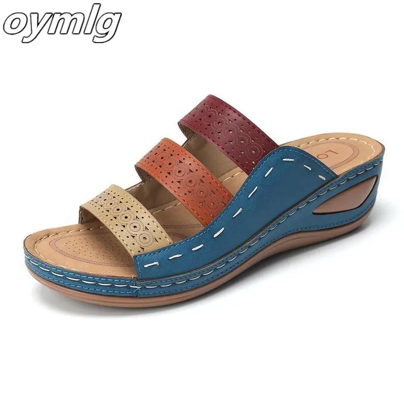 

New Women Summer Stitching Sandals Casual Slip on Open Toe Sandals Rome Retro Leather Platform Wedge Slides Beach Shoes Ladies