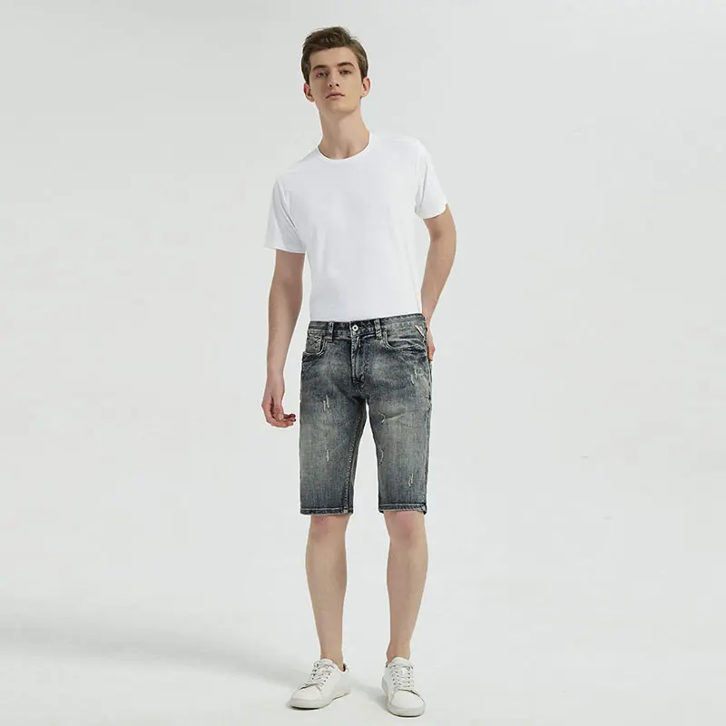 

European American Summer Fashion Men Jeans Retro Gray Blue Distressed Wash Ripped Short Jeans Men Vintage Designer Denim Shorts