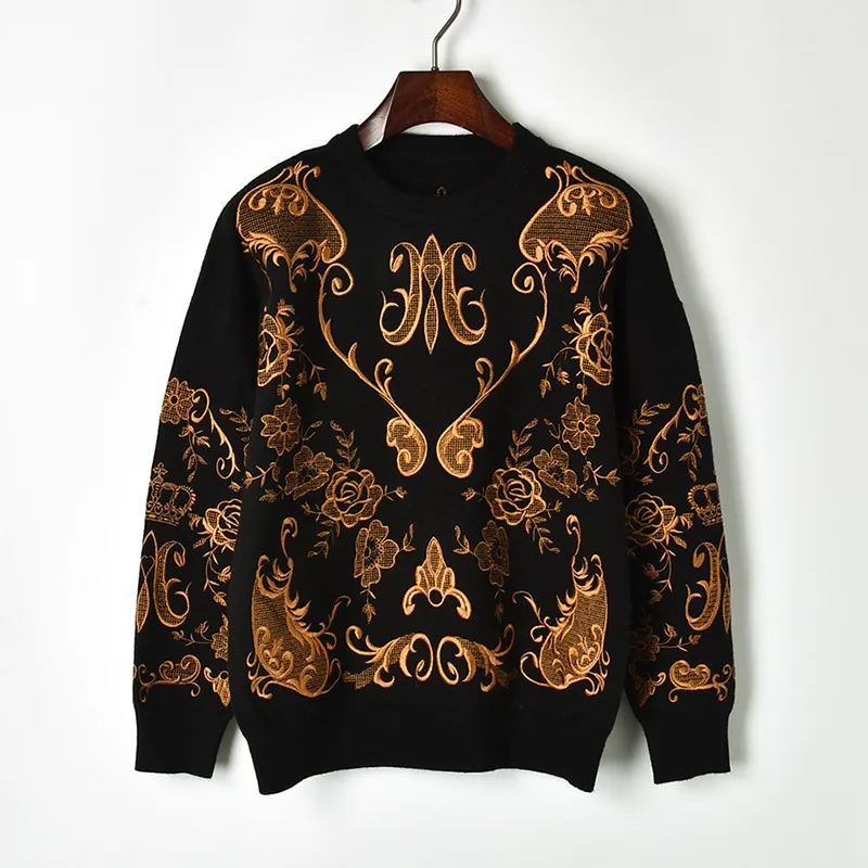 Embroidery Women Sweater 2018 Winter Retro Flower Crew Neck Luxurious Sweaters and Pullovers Knit Tops | Женская одежда