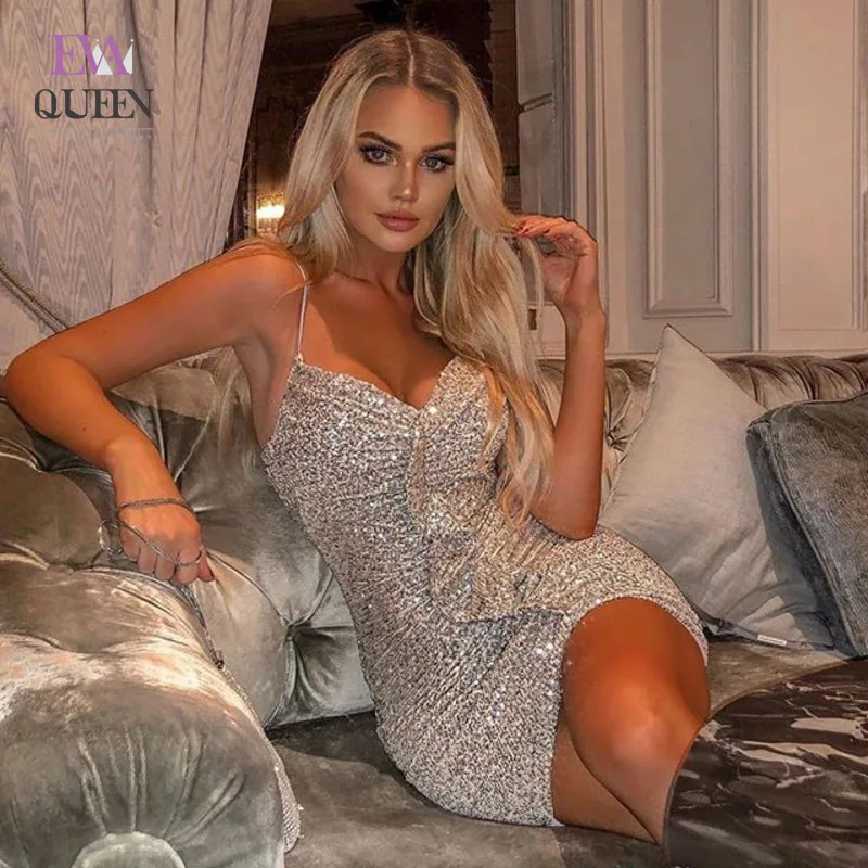 EvaQueen серебристые расшитые блестками с оборками Вечерние Платье Для Женщин С