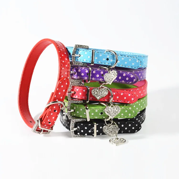 

Wave point PU collar crystal drill collar adjustable buckle diamond peach heart pet products