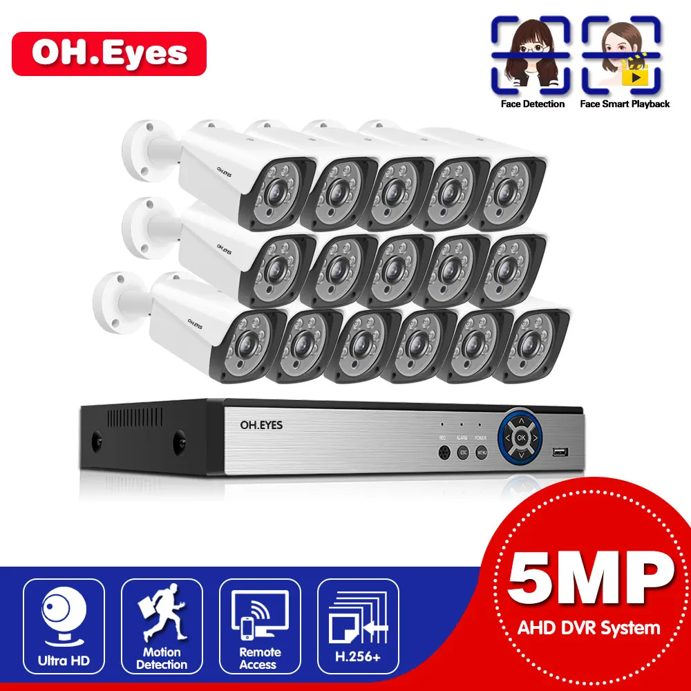 

16CH CCTV System 5MP Face Record AHD DVR System HD 16PCS CCTV Cameras 5.0MP Megapixels Enhanced IR Security Camera With 4TB HDD