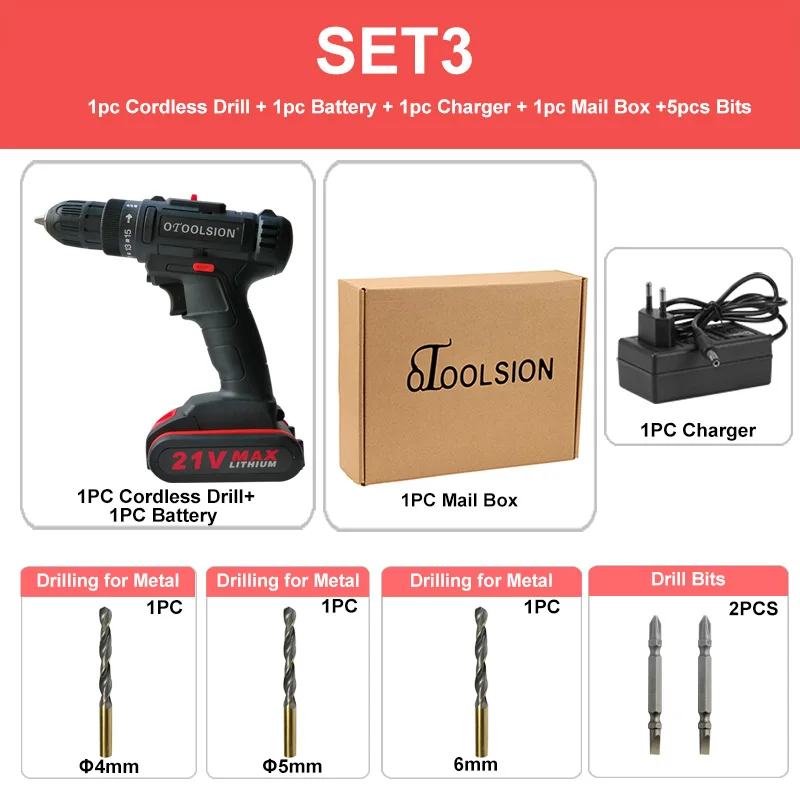 SET3 (1 pc battery) 21 в 1.3ач маленькая дрель Беспроводная Дрель аккумуляторные инструменты 12 В Электрическая дрель шуруповерт батарея ручная дрель с ящиком для инструментов двойная скорость - Цвет: SET3 (1 pc battery)