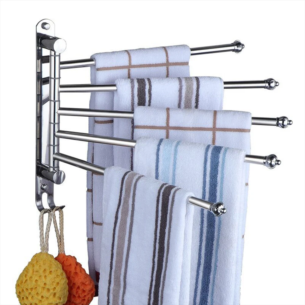 

Stainless Steel Swivel Towel Rack 3/4/5 Arms Towel Bar with 2 Hooks Wall Mounted Towel Hanger for Bathroom