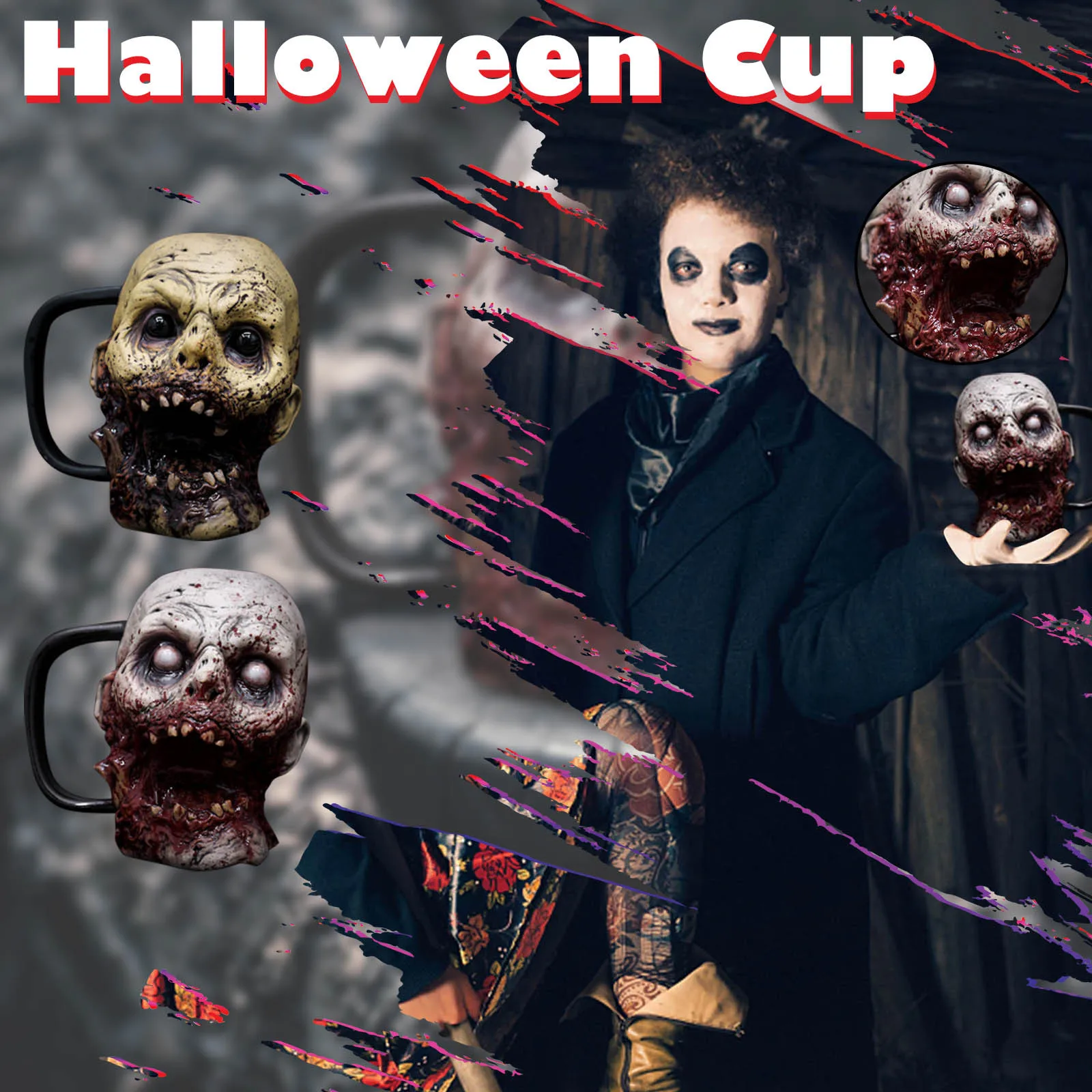 

Halloween Horror-Zombie Head Cup Scary Props Bloody Resin Craft Water Cup Hand Accessories Decoration Terrorist Item 2021