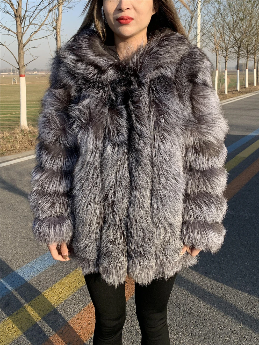 Hooded Fox Coats Natural Fur Long Sleeves Women Real Silver Coat With HOOD Plush Female 2021 Winter Jacket | Женская одежда